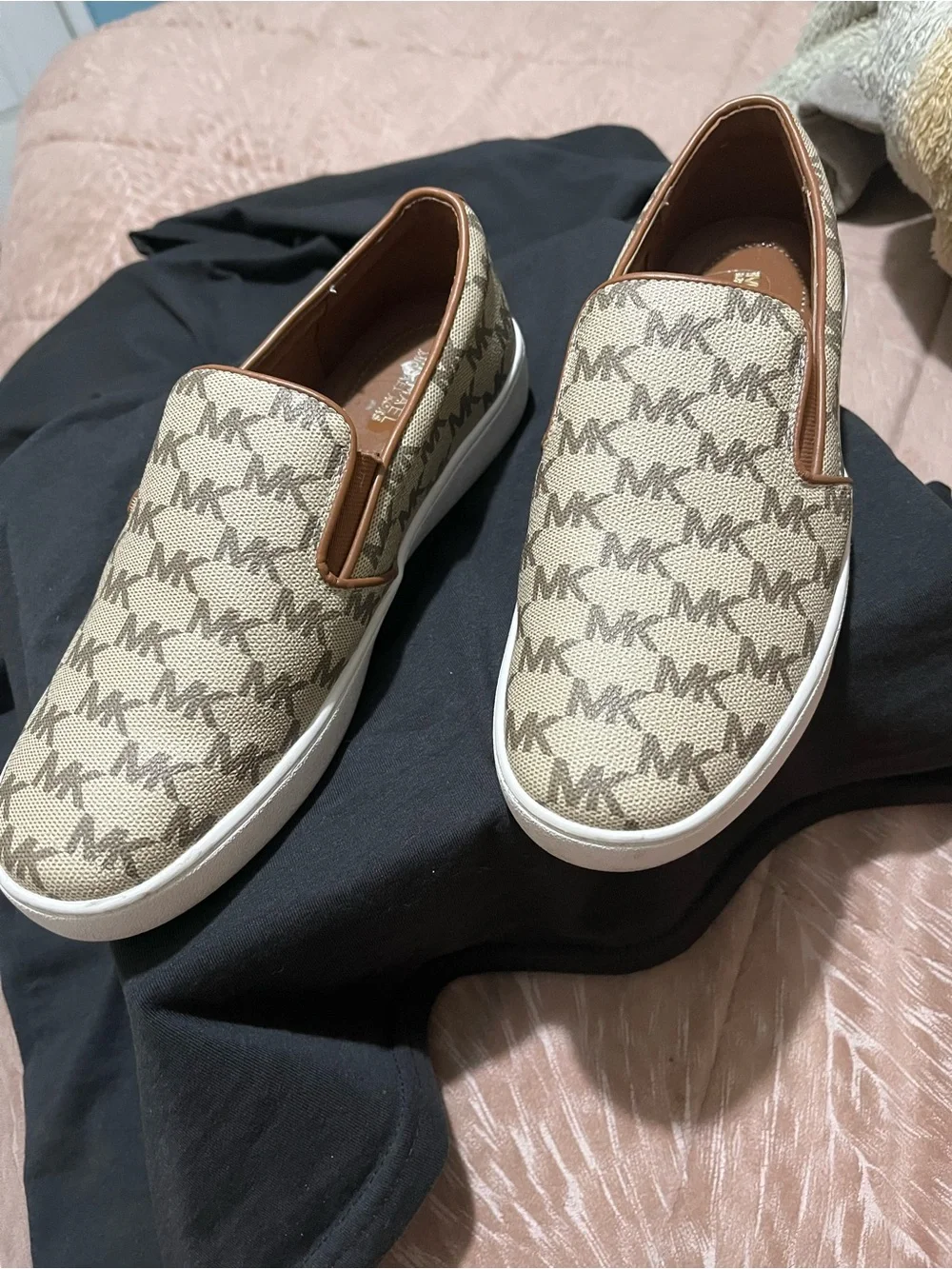 Michael Kors Beige Logo-Print Slip-On Sneakers with White Sole